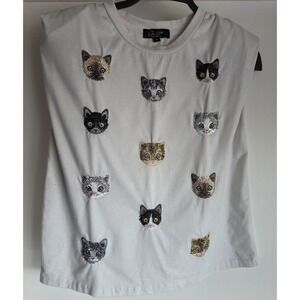 On 12th Embroidered Cat Sleeveless T-Shirt Size M White Round Neck Tank Top Tee